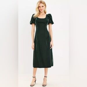 Velvet Puff Sleeve Midi Flare Dress